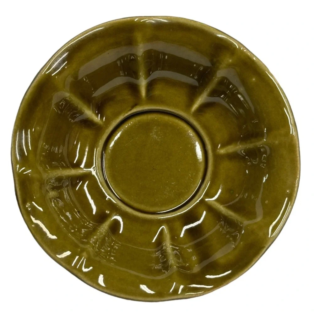 Vintage McCoy Olive Green Shallow Flower shaped Scalloped Bowl 7.5 W X 2 3/8‎ H